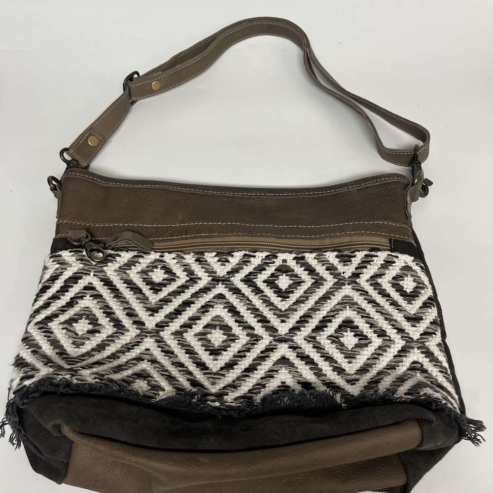 Myra Bag Genuine Leather Canvas Diamond Crossbody Shoulder Bag Boho Adjusted EUC